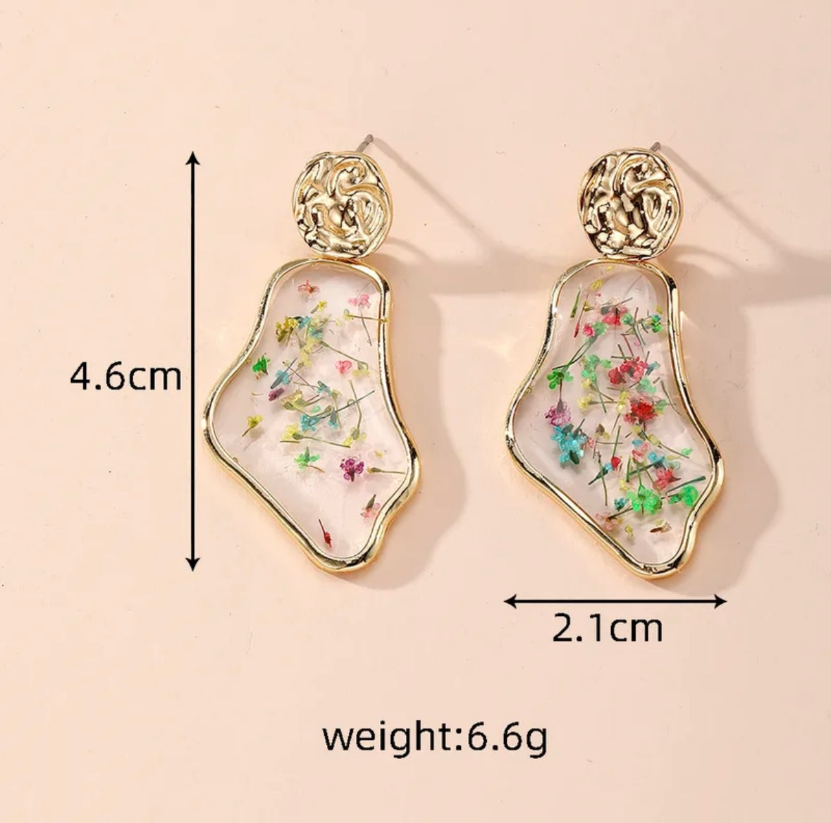 Abstract Floral Resin Earrings – Gold-Framed Botanical Drops