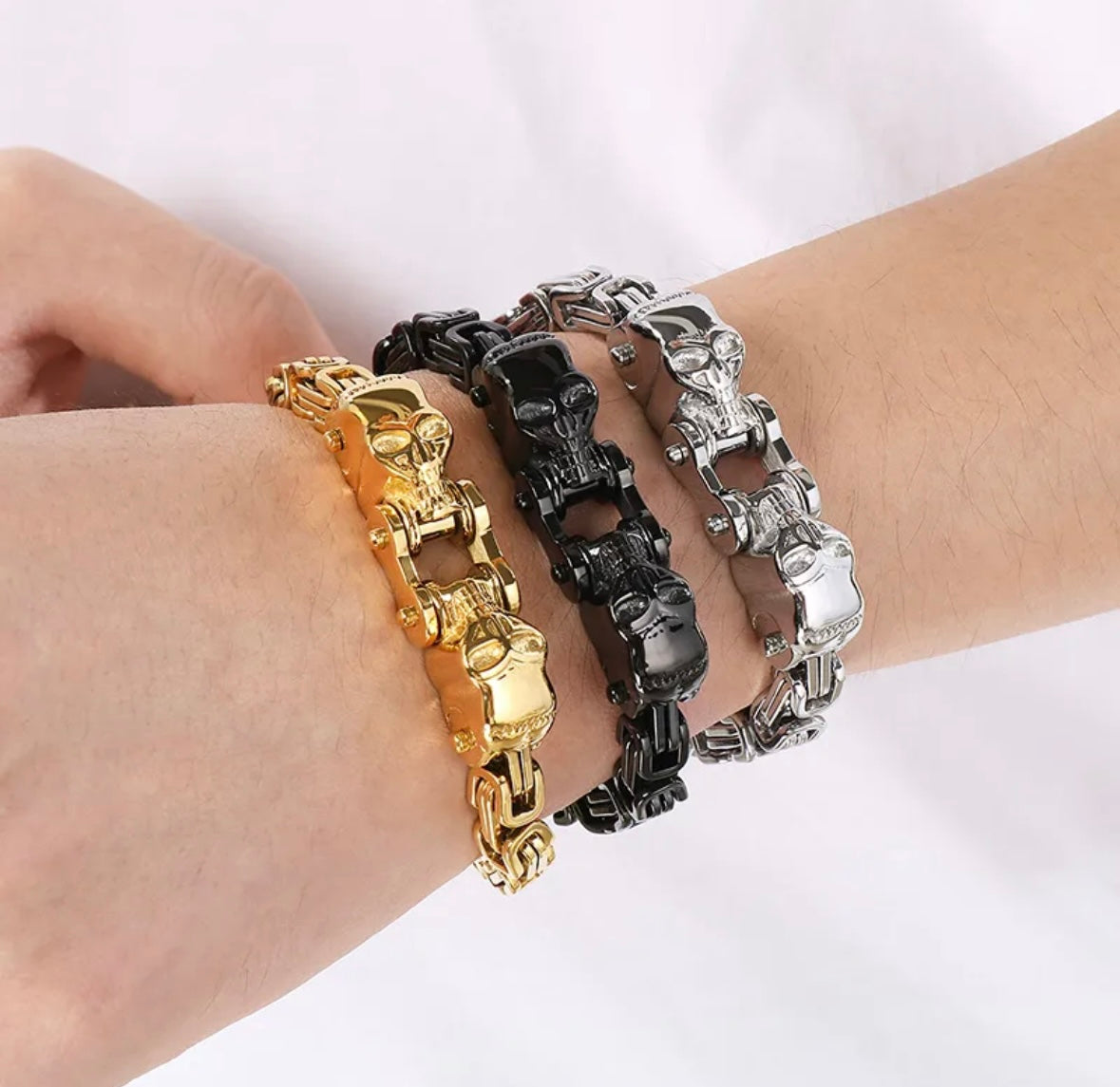 Unisex Skull Link Bracelet – Heavy Stainless Steel Gold Chain