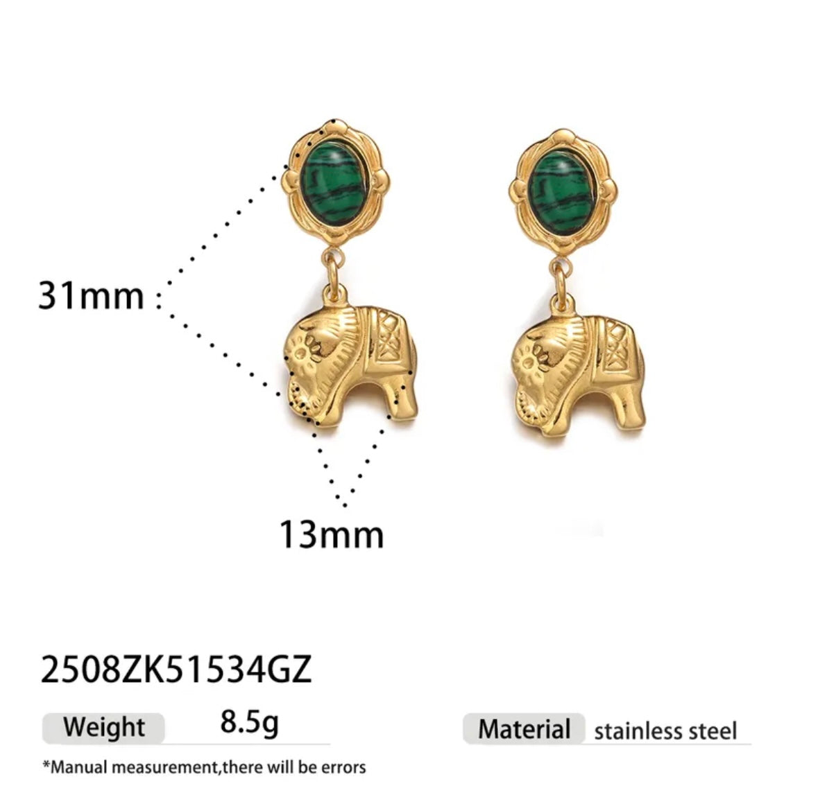 Green Gem Elephant Drop Earrings – Gold Boho Statement