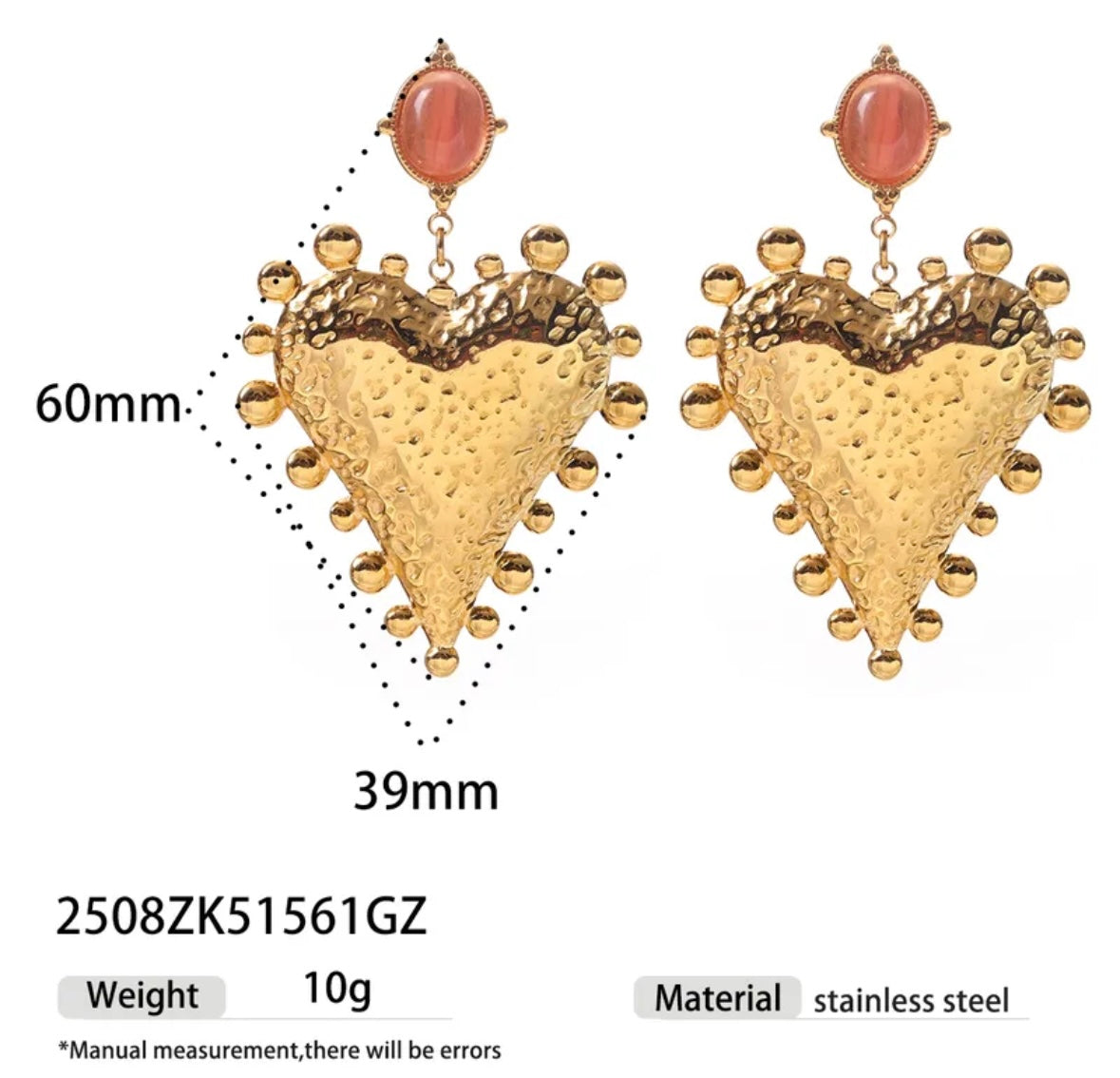 Hammered Heart Drop Earrings – Pink Stone & Gold Statement Dangles