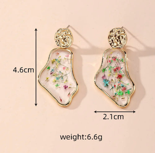 Abstract Floral Resin Earrings – Gold-Framed Botanical Drops