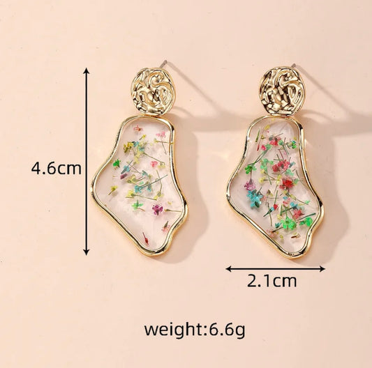 Abstract Floral Resin Earrings – Gold-Framed Botanical Drops