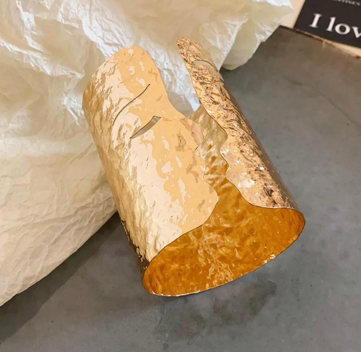 Abstract Hammered Gold Cuff – Artistic Statement Bracelet