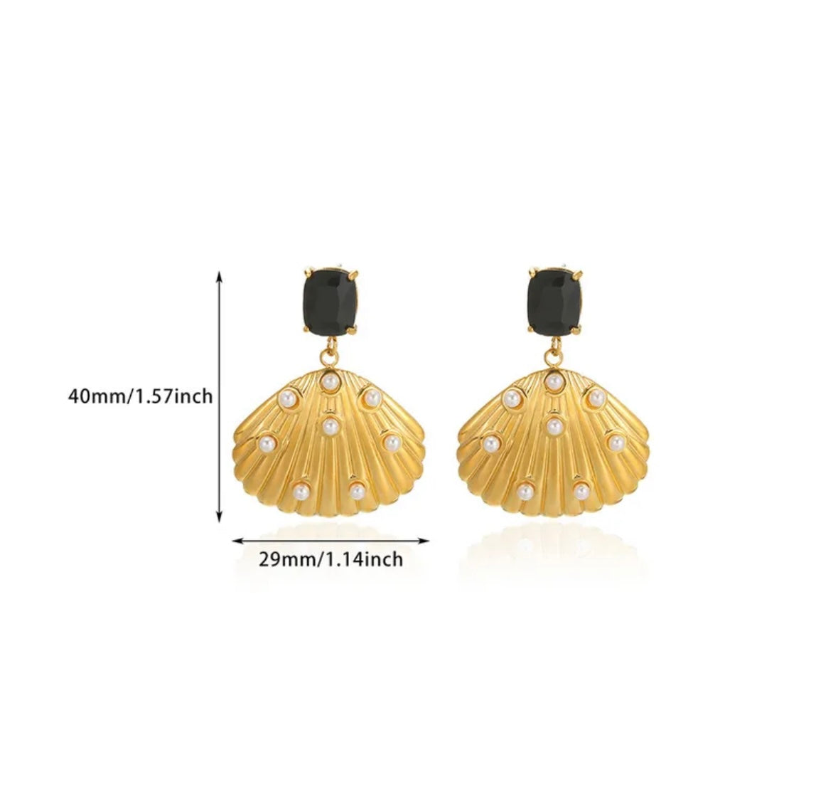 Black Stone Seashell Pearl Drop Earrings – Gold Statement Dangles