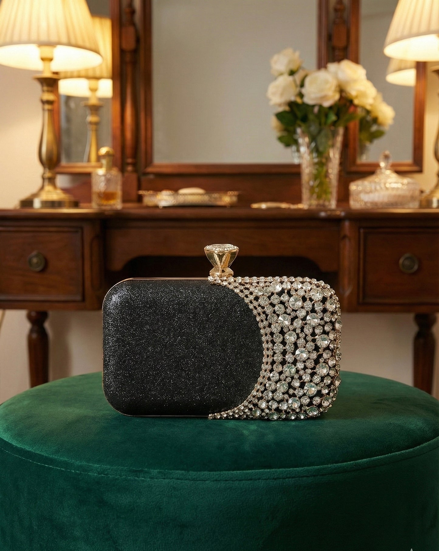 Moon Half-Rhinestone Luxury Clutch – Evening Sparkle Bag