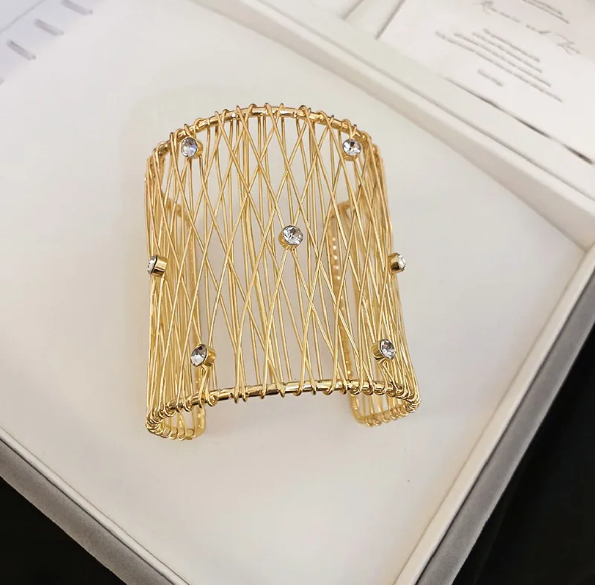 Crystal Grid Open Cuff Bracelet – Gold Statement Mesh Bangle