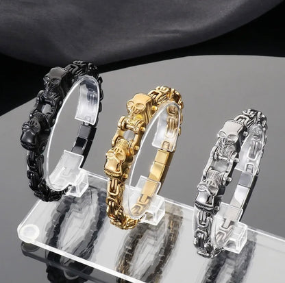 Unisex Skull Link Bracelet – Heavy Stainless Steel Gold Chain