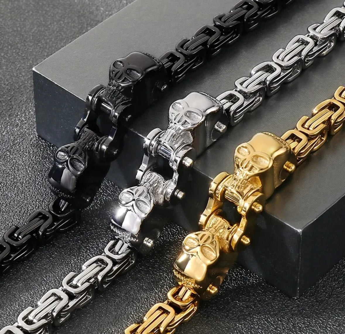 Unisex Skull Link Bracelet – Heavy Stainless Steel Gold Chain