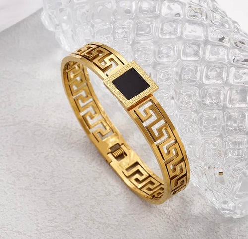 Greek Key Black Enamel Bracelet – Luxury Pattern Gold Cuff