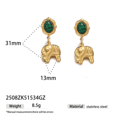 Green Gem Elephant Drop Earrings – Gold Boho Statement
