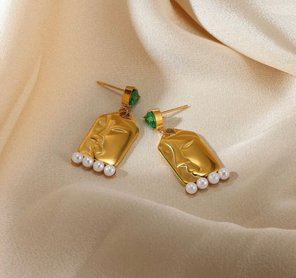 Abstract Face Pearl Drop Earrings – Modern Art Gold Dangles