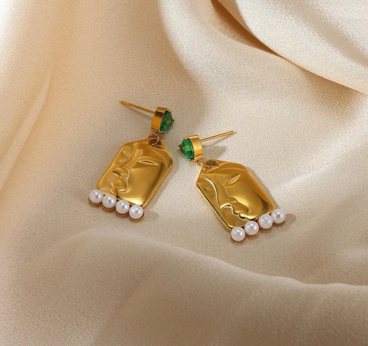Abstract Face Pearl Drop Earrings – Modern Art Gold Dangles
