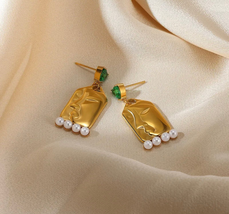 Abstract Face Pearl Drop Earrings – Modern Art Gold Dangles