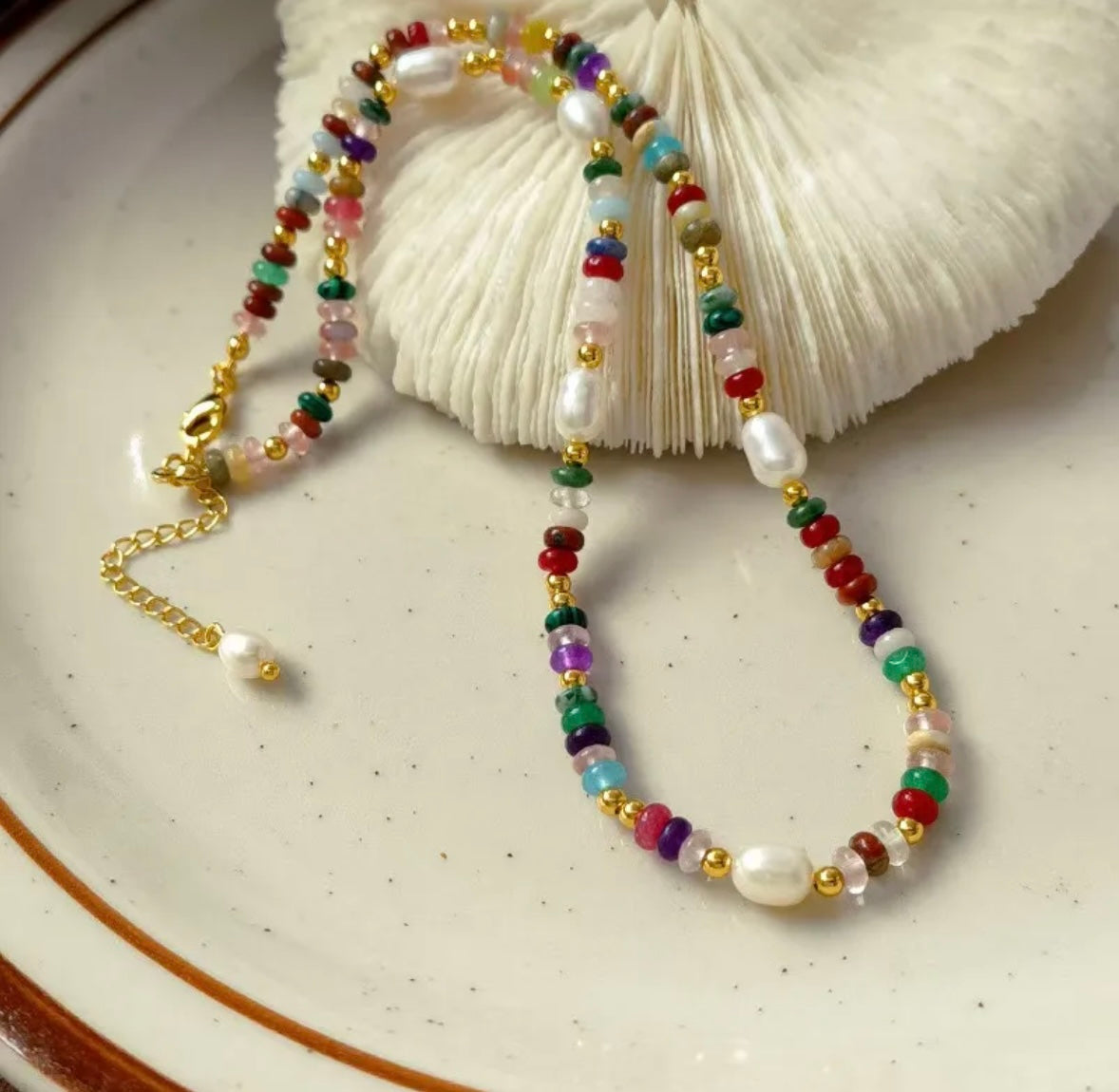 Rainbow Colored Bead Necklace & Bracelet – Gold & Multi-Color Beaded Chain