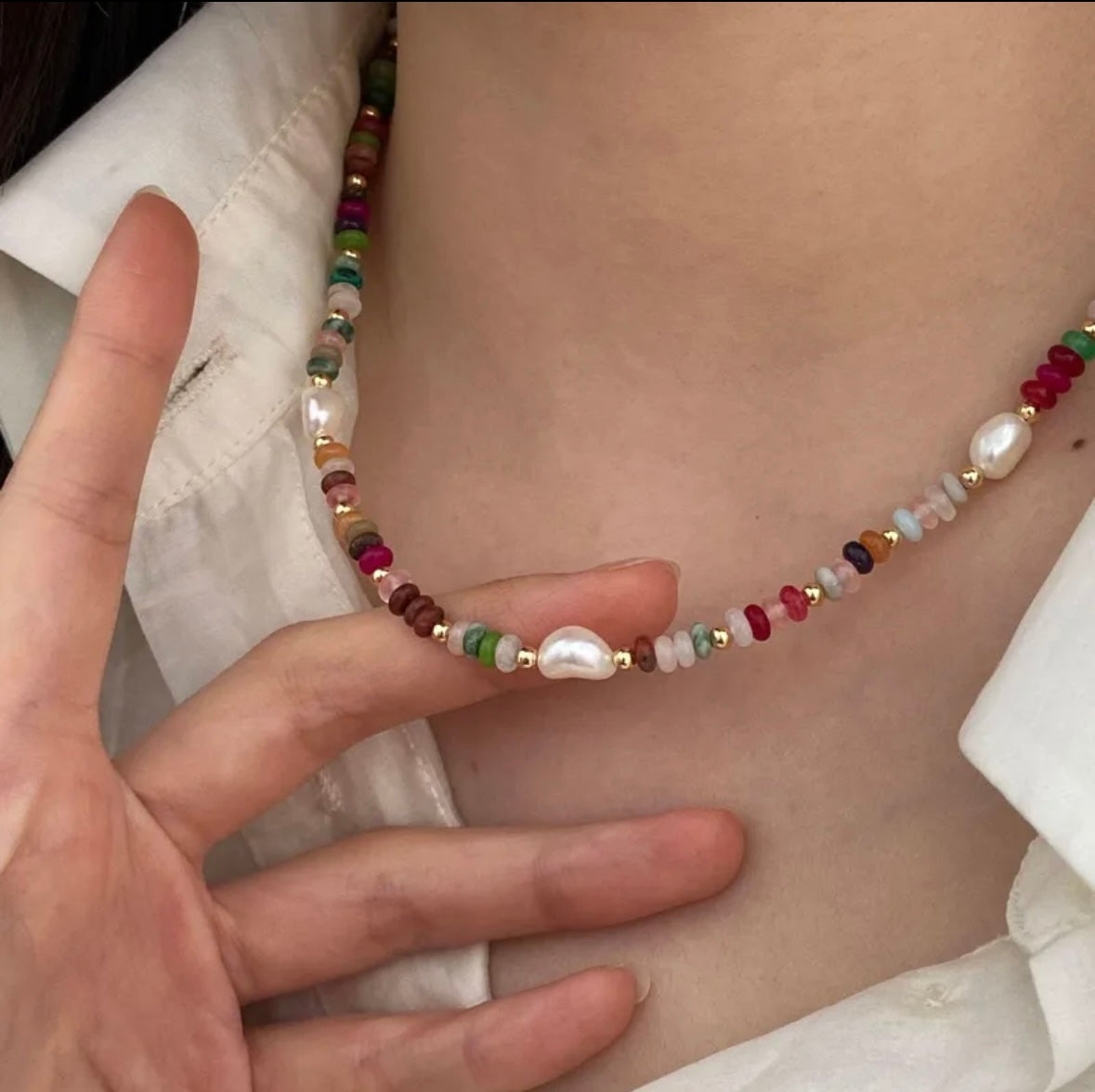 Rainbow Colored Bead Necklace & Bracelet – Gold & Multi-Color Beaded Chain