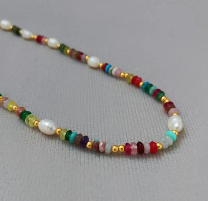 Rainbow Colored Bead Necklace & Bracelet – Gold & Multi-Color Beaded Chain