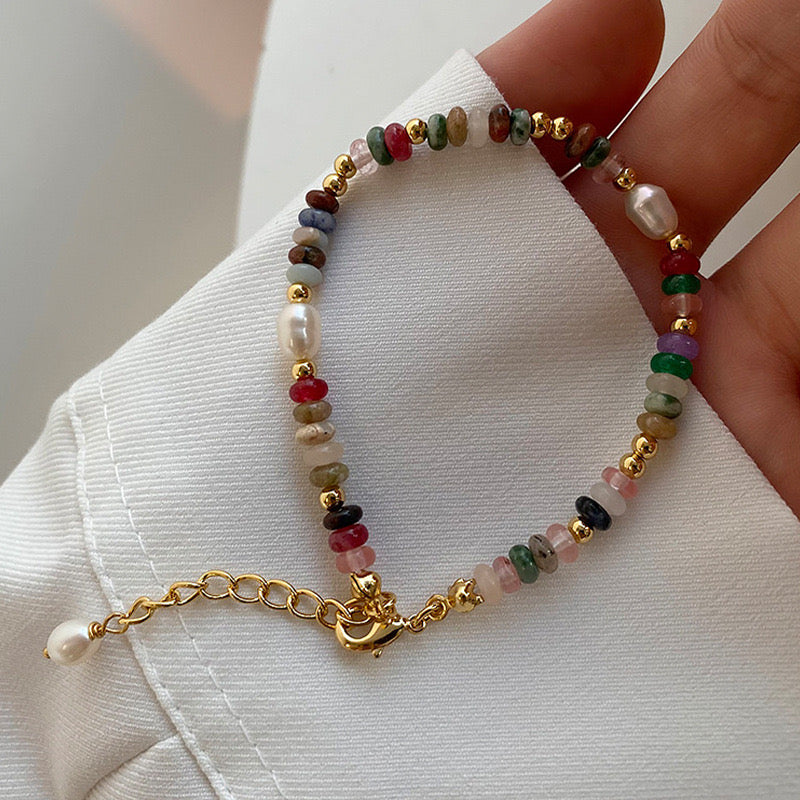 Rainbow Colored Bead Necklace & Bracelet – Gold & Multi-Color Beaded Chain