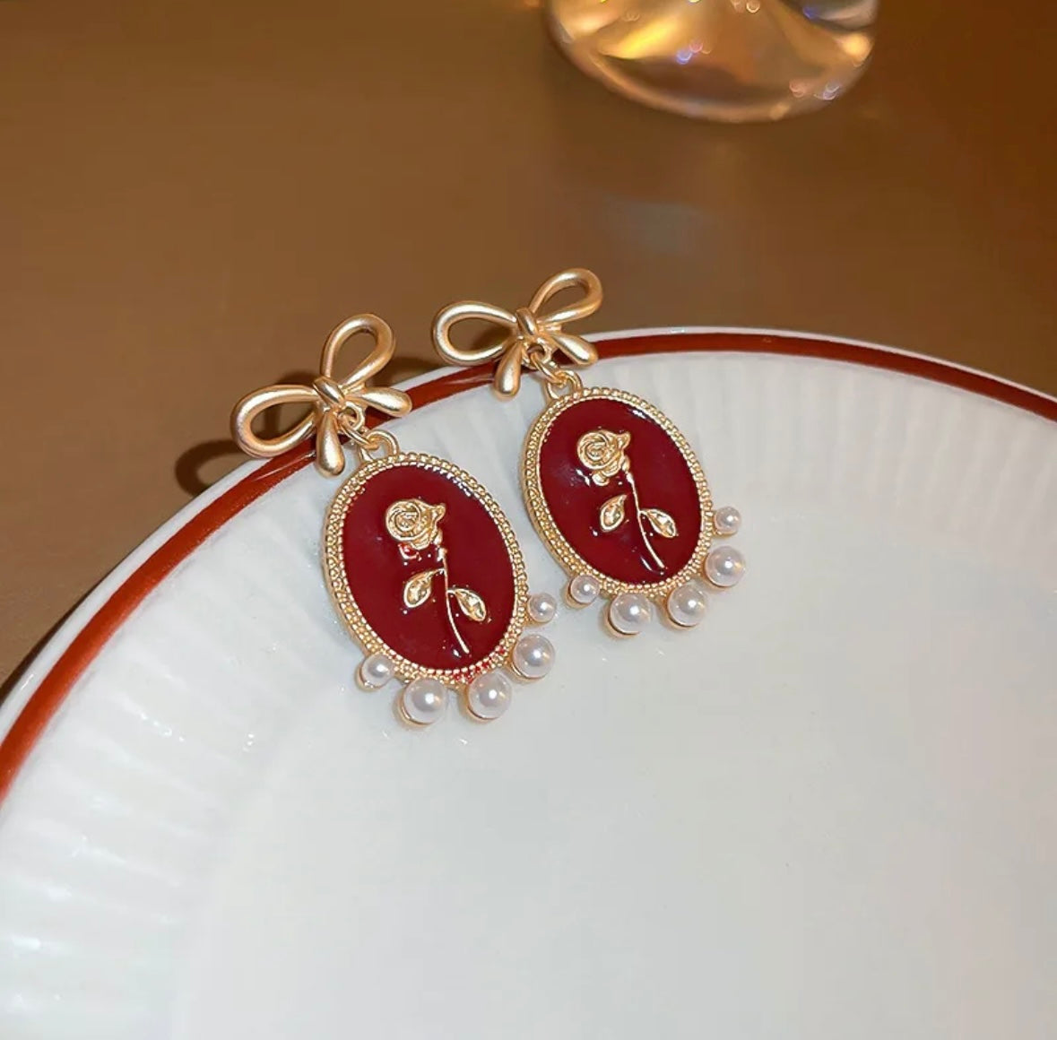 Red Rose Bow Drop Earrings – Vintage Oval Pearl Trim Dangles