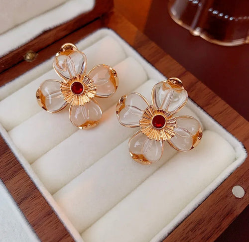 Handcrafted Resin Petal Flower Earrings – Gold Accent