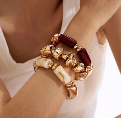 Rustic Resin & Gold Chunk Bracelet Stack – 3-Piece Set