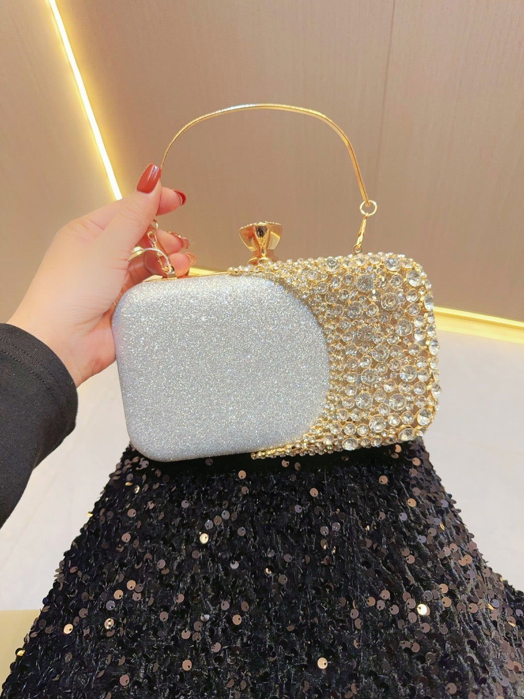 Moon Half-Rhinestone Luxury Clutch – Evening Sparkle Bag