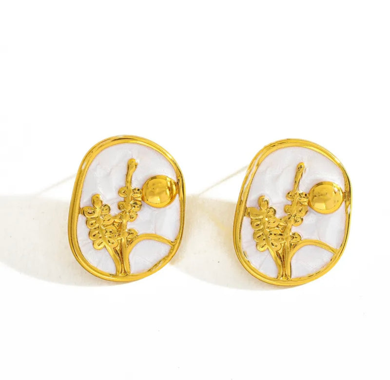 Botanical White Enamel Studs – Gold Floral Mini Art Earrings